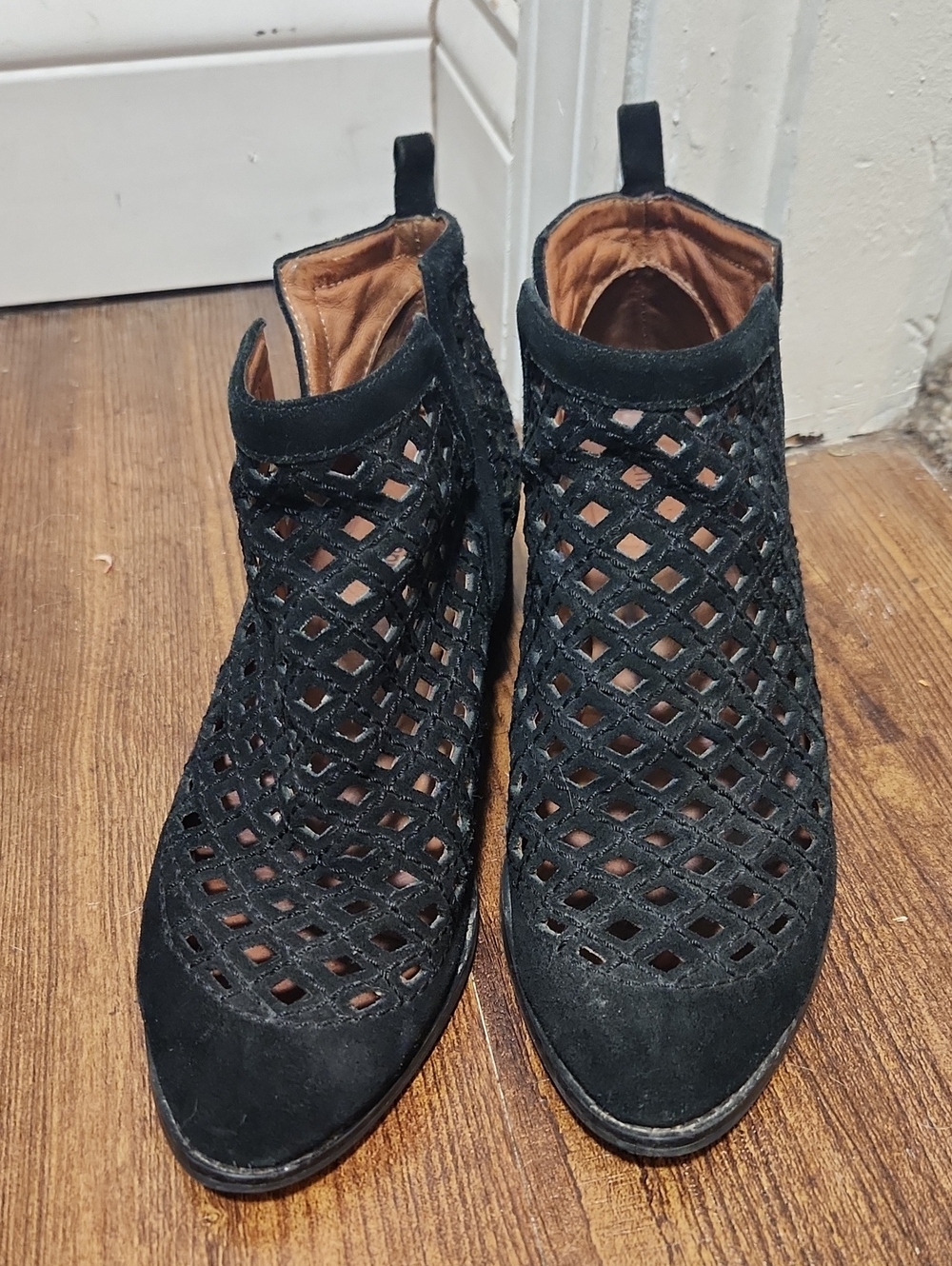 Jeffrey Campbell Black Lattice Cutout Suede Ankle Booties